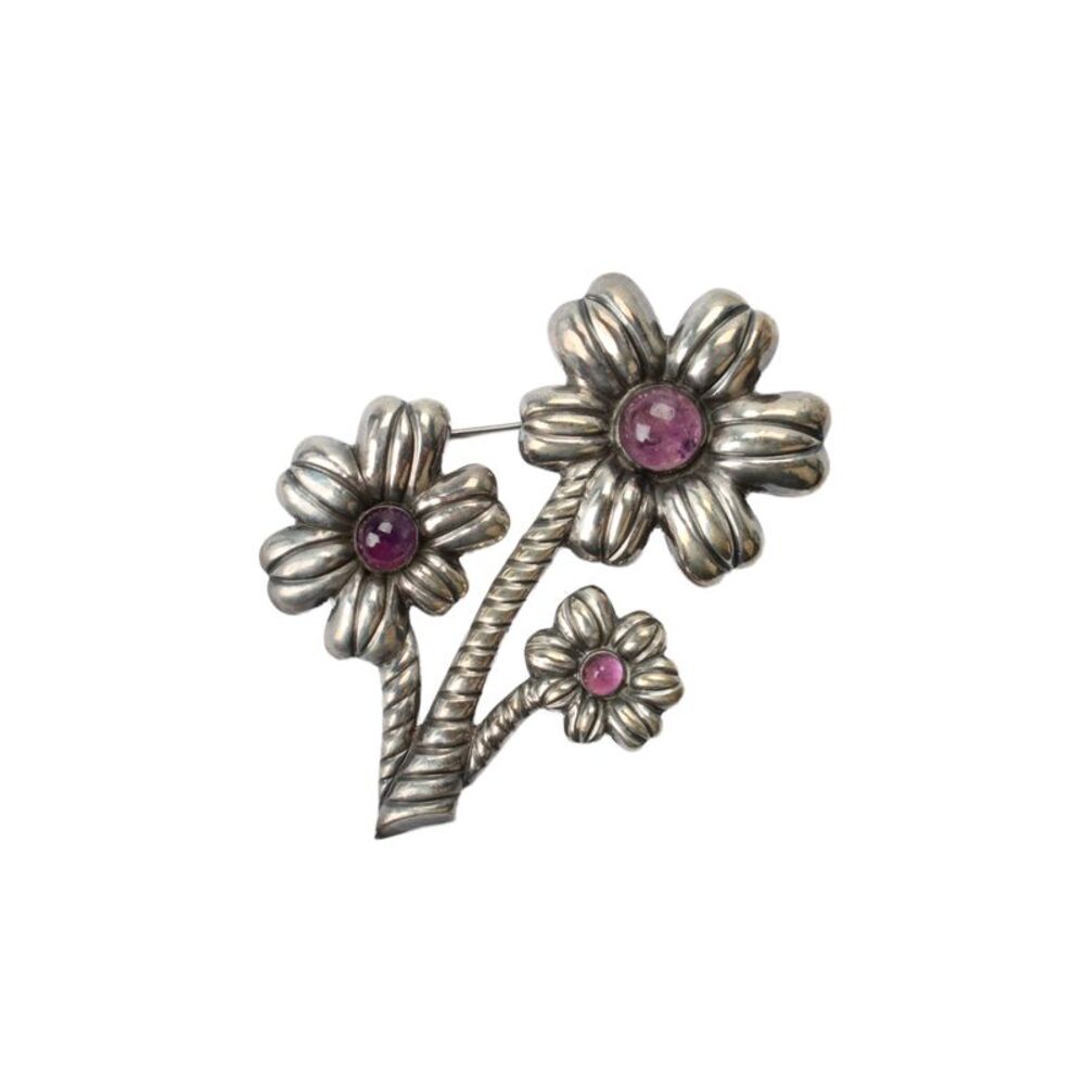 Designer Womens 925 Silver Amethyst Flowers Taxco Brooch 3.5" 40.3g